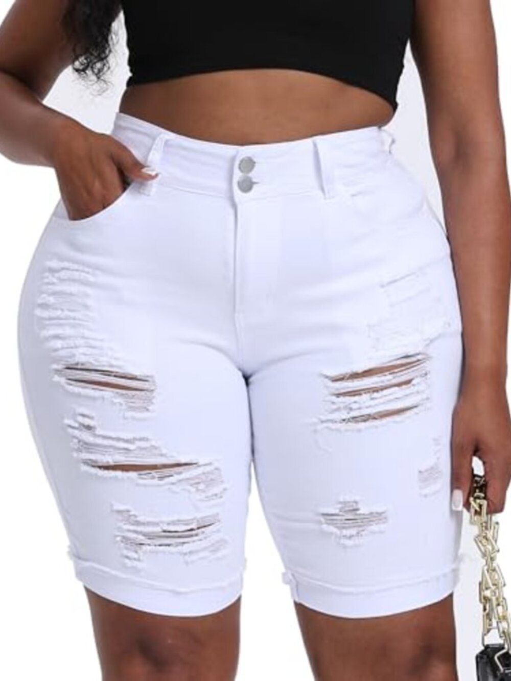 Plus Size High Waisted Ripped Roll Hem Stretchy Denim Bermuda Shorts 10" Inseam